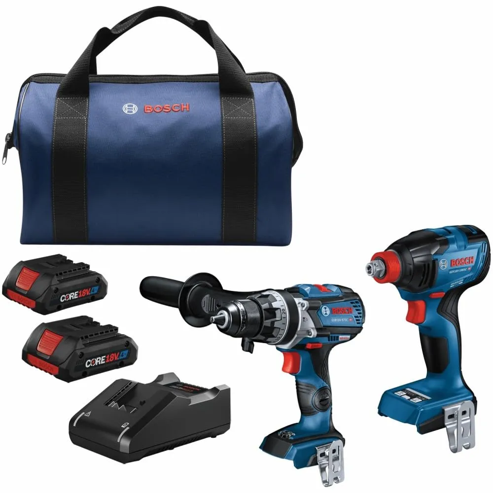 BOSCH GXL18V-227B25 18V 2-Tool Combo Kit with Impact Driver/Wrench & Hammer Drill, 2 Batteries