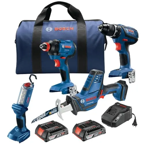 BOSCH GXL18V-496B22 18V 4-Tool Combo Kit with Drill/Driver, Impact Driver, Reciprocating Saw