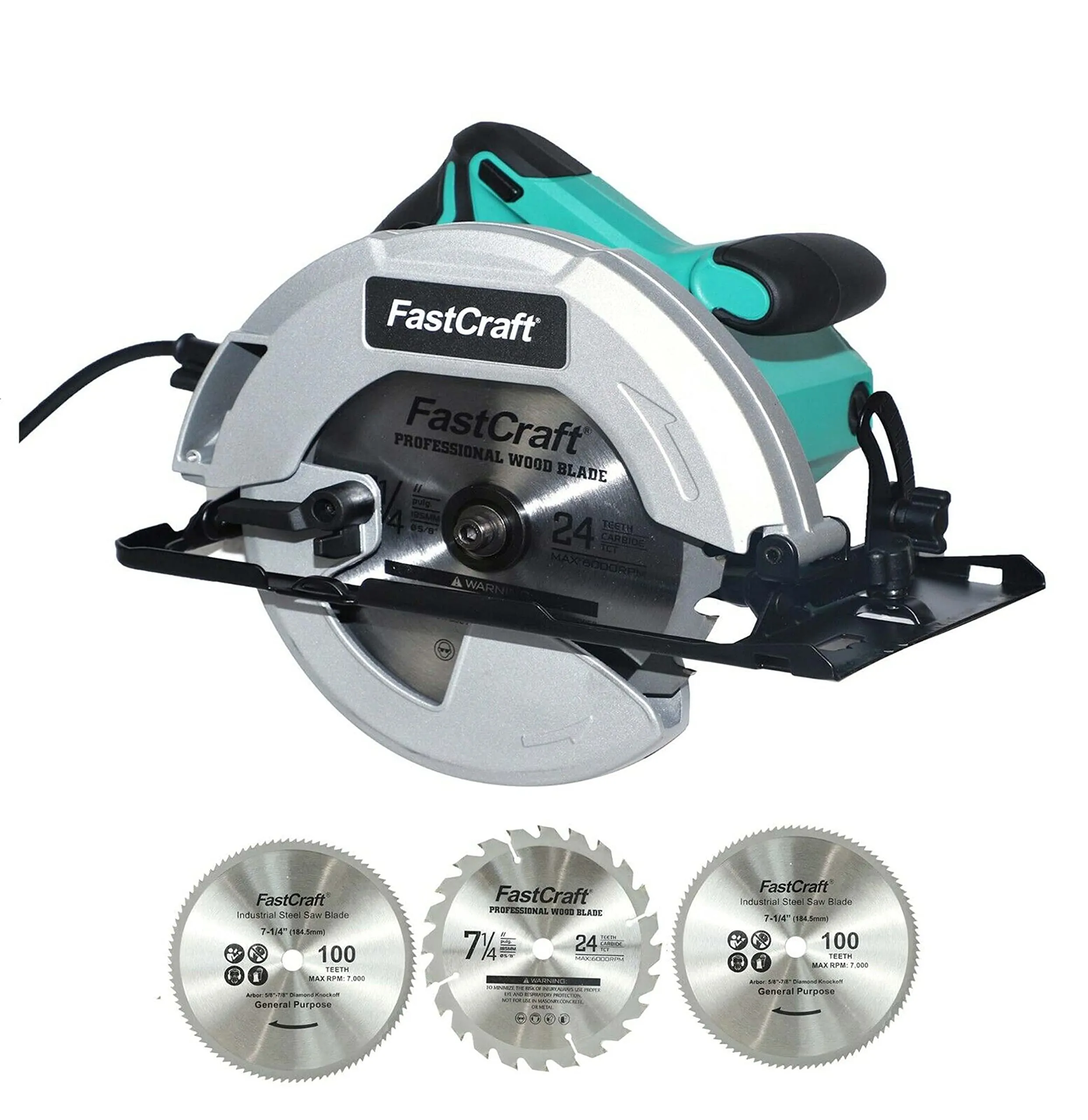 FastCraft 13A Circular Saw + 3pc 7-1/4' Blades with Adjustable Cuts & Ergonomic Design