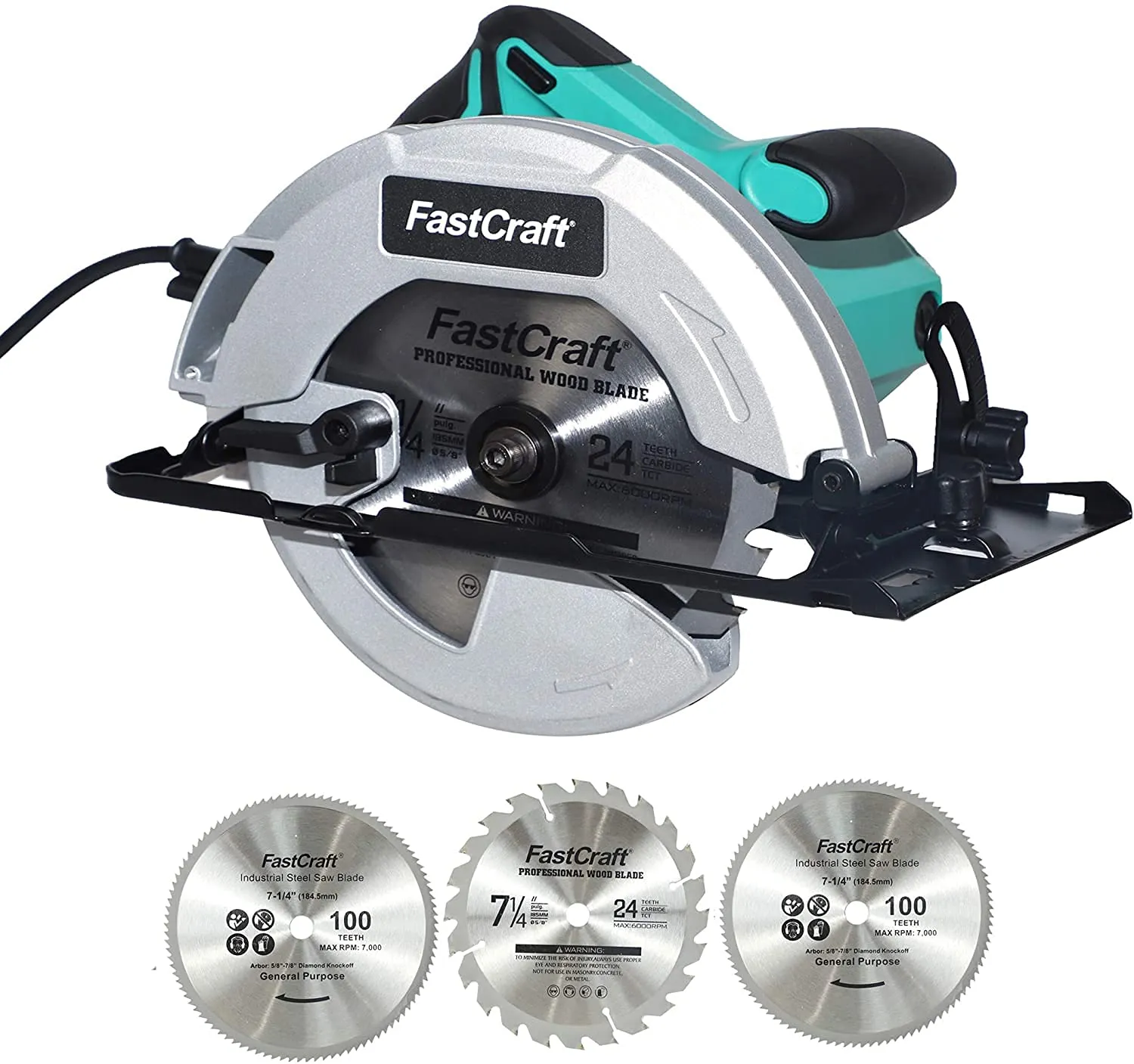 FastCraft 21A Circular Saw with 3 Blades - 7.25' Industrial Electric Cutting Tool